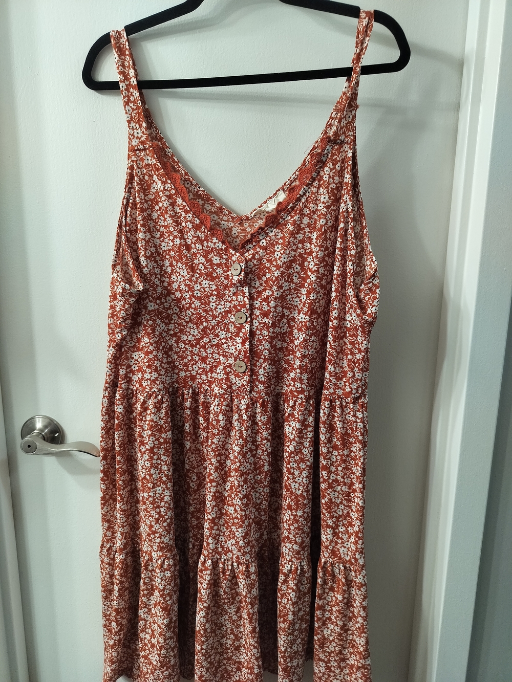 Sweet Wanderer Rust Floral Tiered Button Mini Dress